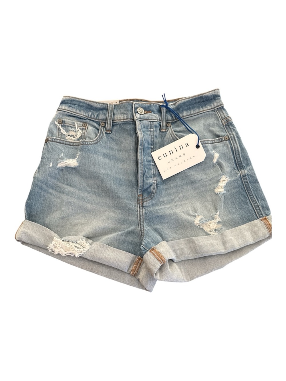 Eunina Women’s Olivia Weekender Distressed Rolled Hem Denim Shorts size Small